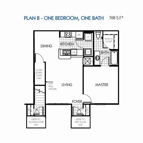 Floor plan for 1 bed, 1 bath, 768 sqft